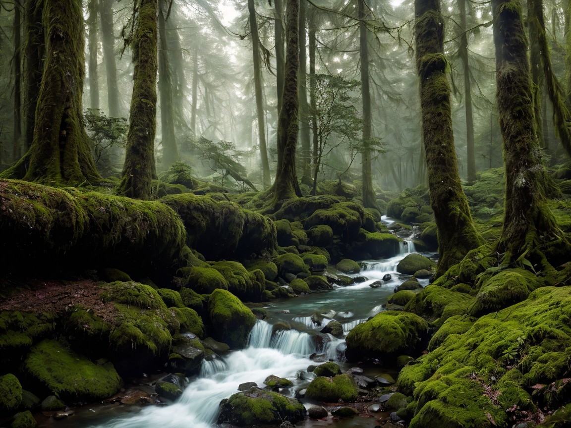 Serene Forest Scene with Mossy Trees and Stream