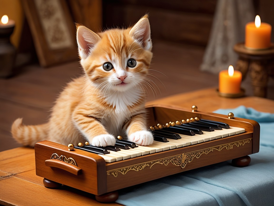 Ginger Kitten Playing on Wooden Toy Piano in Candlelight