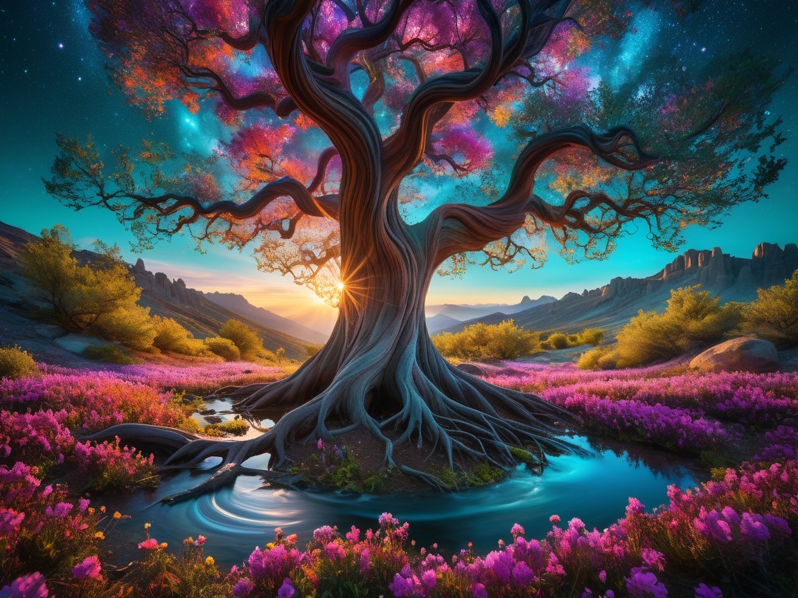 Majestic tree with colorful leaves in serene landscape