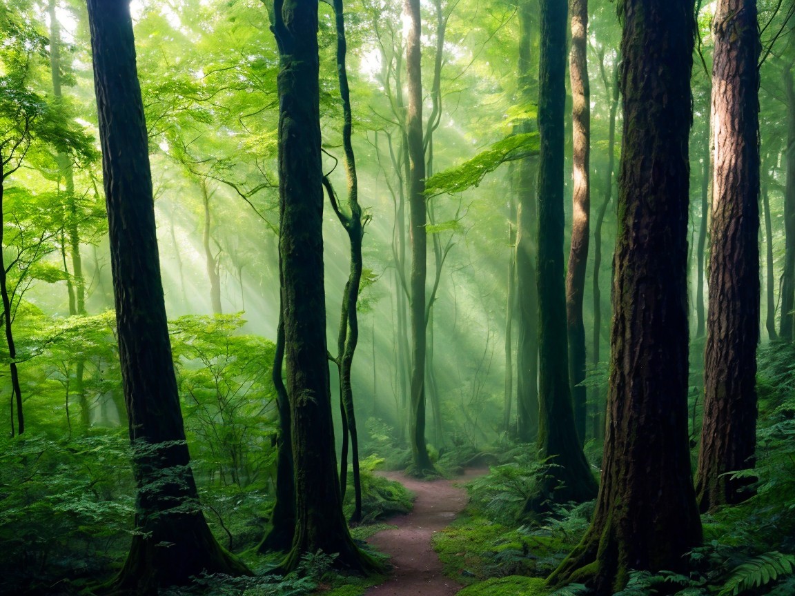 Serene Forest Scene with Sunlight and Mist