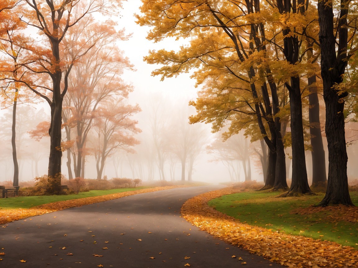 Autumn Pathway in a Misty Forest Setting