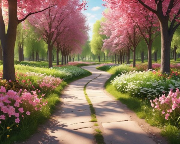 Serene Pathway in a Vibrant Cherry Blossom Park