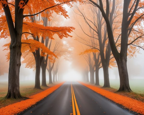 Foggy Autumn Road Surrounded by Vibrant Trees