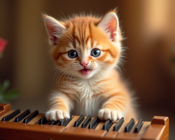 Playful orange tabby kitten with blue eyes and keyboard