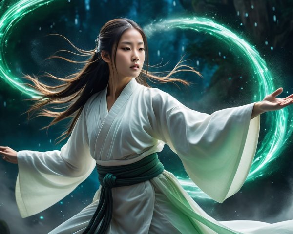 Young woman in kimono with glowing green energy backdrop