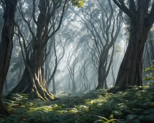 Mystical Forest with Ancient Trees and Lush Ferns