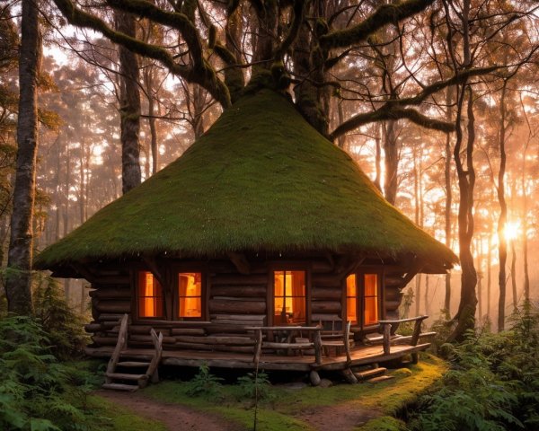 Log Cabin with Moss Roof in Enchanted Forest Setting