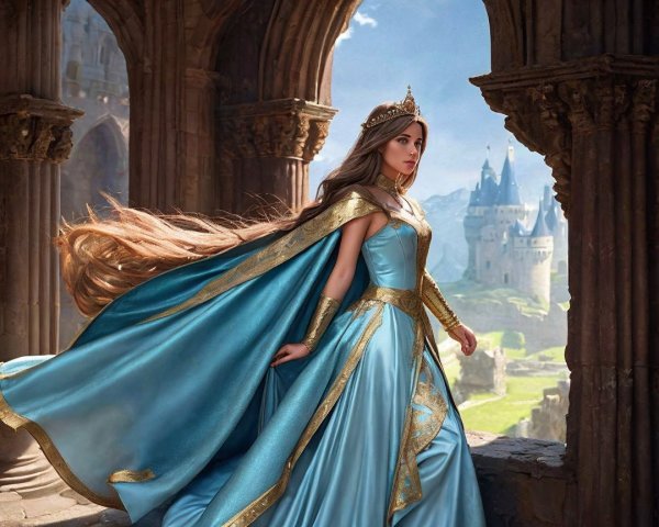 Regal figure in blue gown at castle window scene