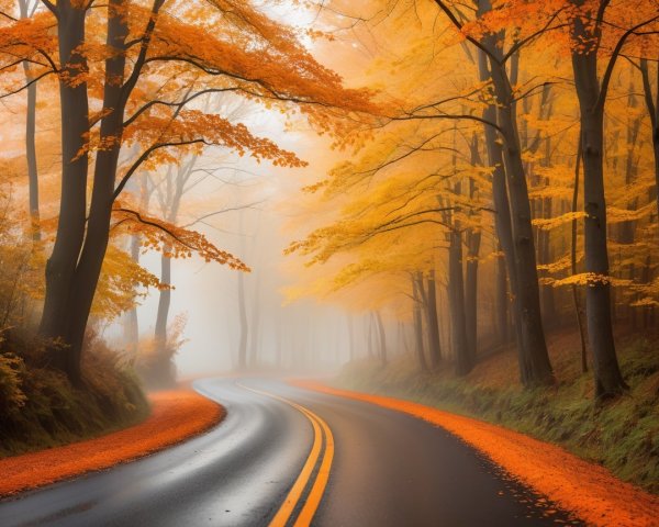 Winding Road Through Autumn Forest with Vibrant Foliage