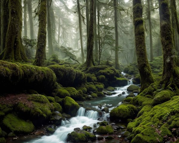 Serene Forest Scene with Mossy Trees and Stream