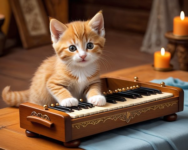 Ginger Kitten Playing on Wooden Toy Piano in Candlelight
