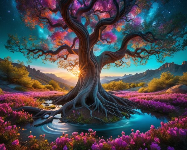 Majestic tree with colorful leaves in serene landscape