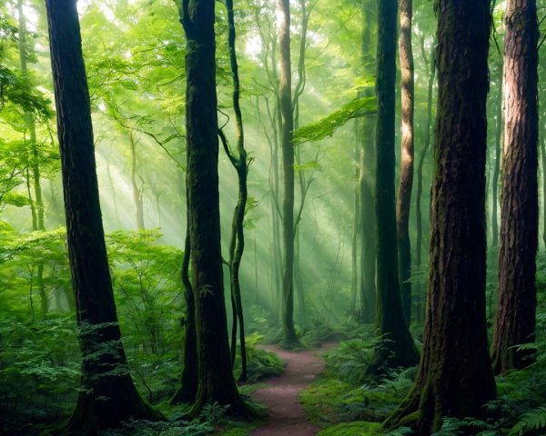 Serene Forest Scene with Sunlight and Mist
