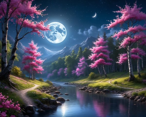 Tranquil River and Cherry Blossoms Under Moonlight