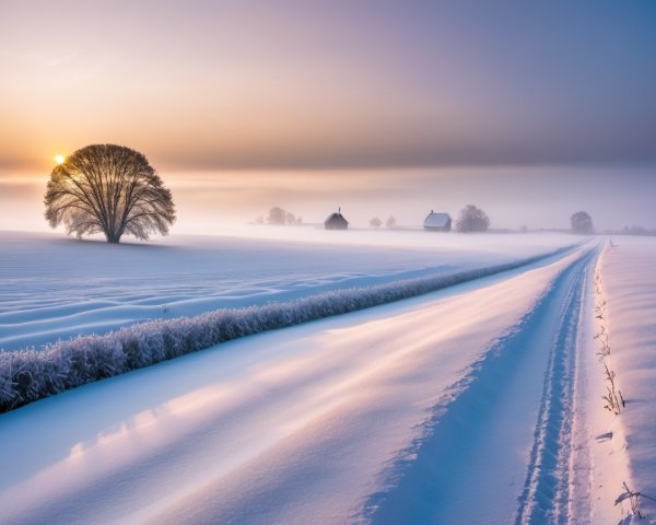 Serene Winter Landscape with Sunrise and Snowy Field