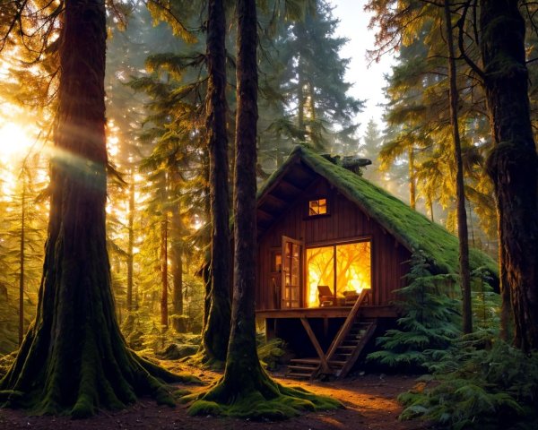 Cozy Wooden Cabin Surrounded by Lush Green Trees