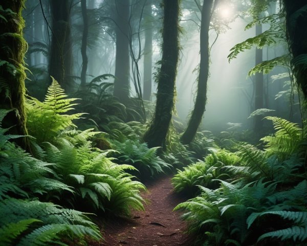 Serene forest scene with lush ferns and misty light