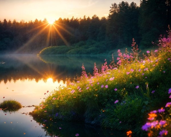 Lakeside Sunrise with Vibrant Wildflowers and Tranquility