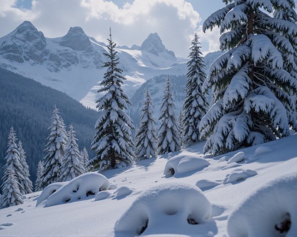 Serene Winter Landscape with Snowy Evergreens and Mountains