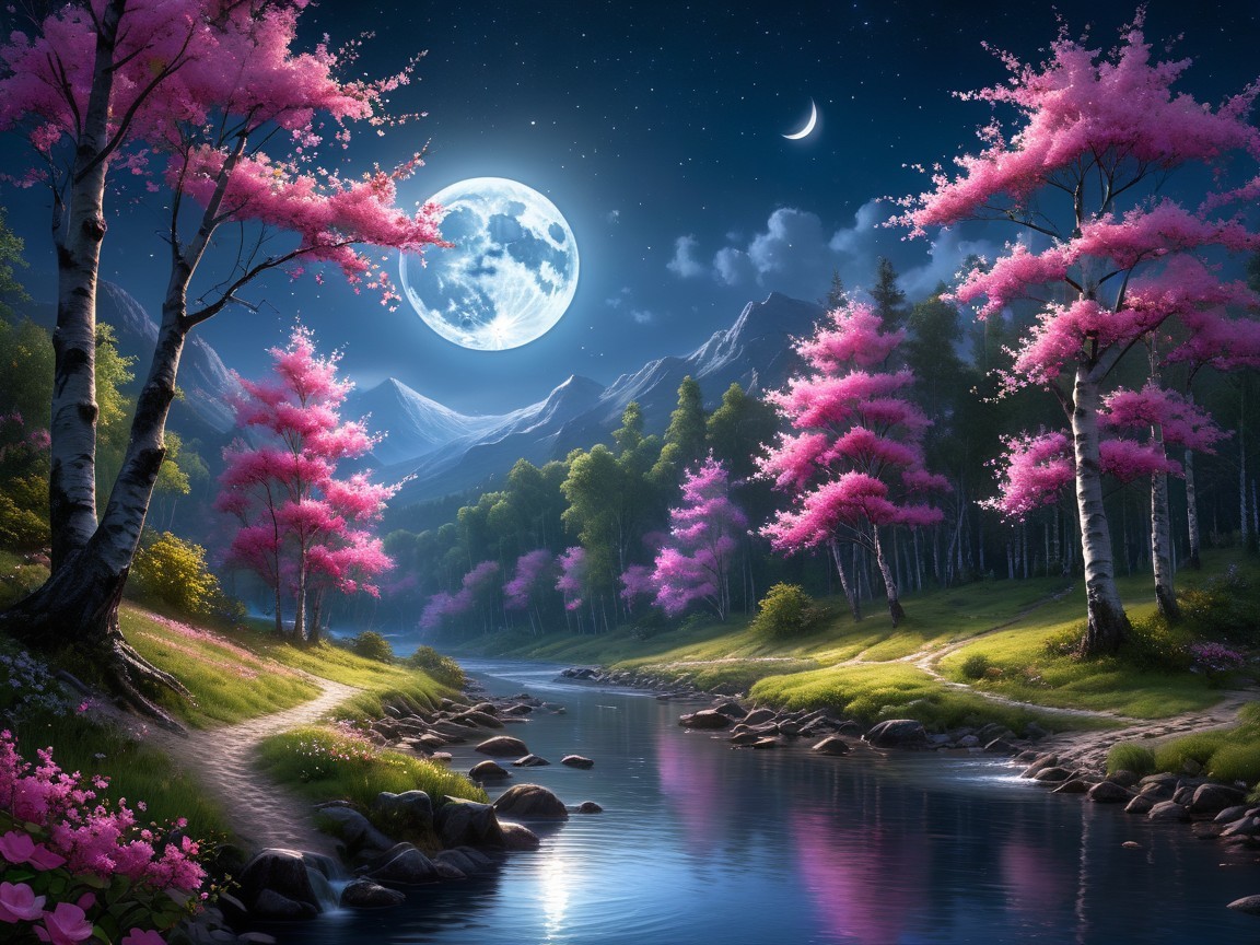 Tranquil River and Cherry Blossoms Under Moonlight