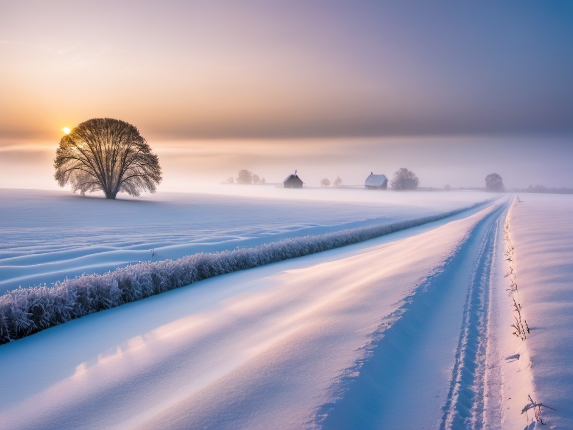 Serene Winter Landscape with Sunrise and Snowy Field