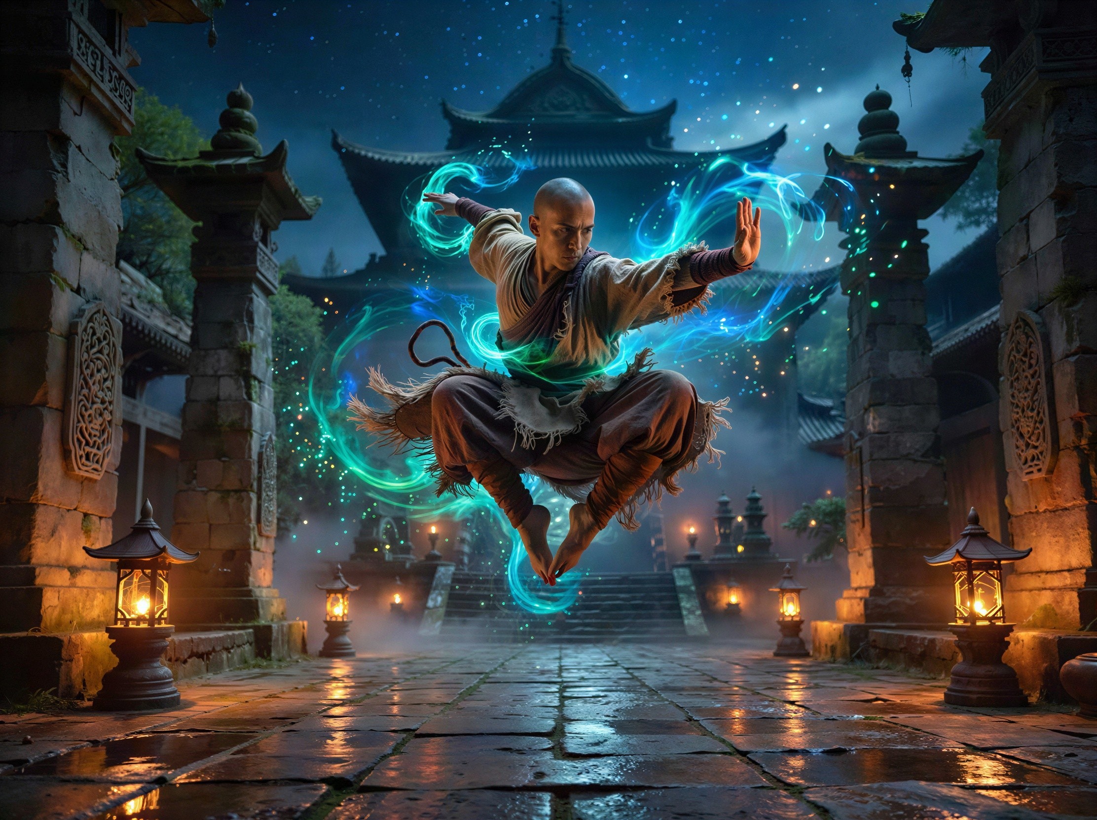 Bald monk levitating in fighting stance with energy aura