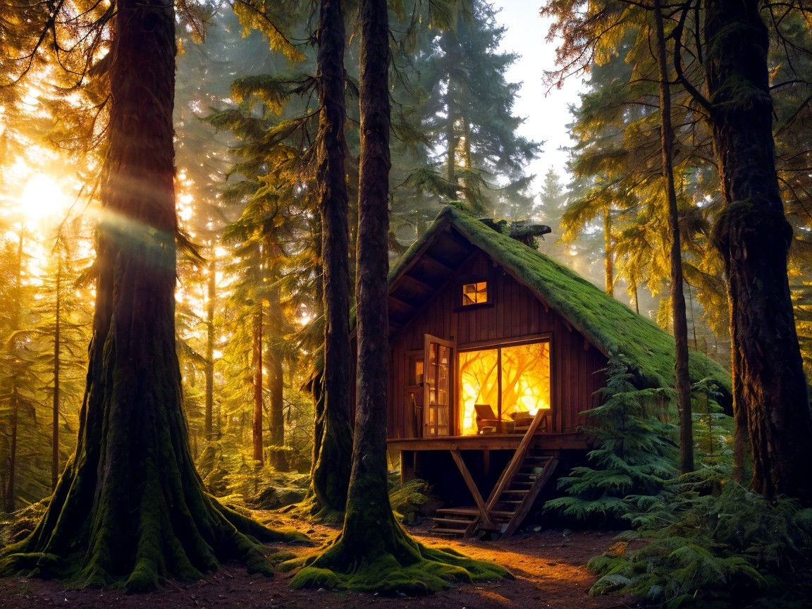 Cozy Wooden Cabin Surrounded by Lush Green Trees