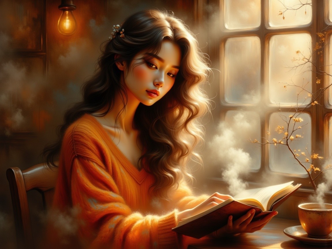 Asian Woman in Orange Sweater Reading at Table