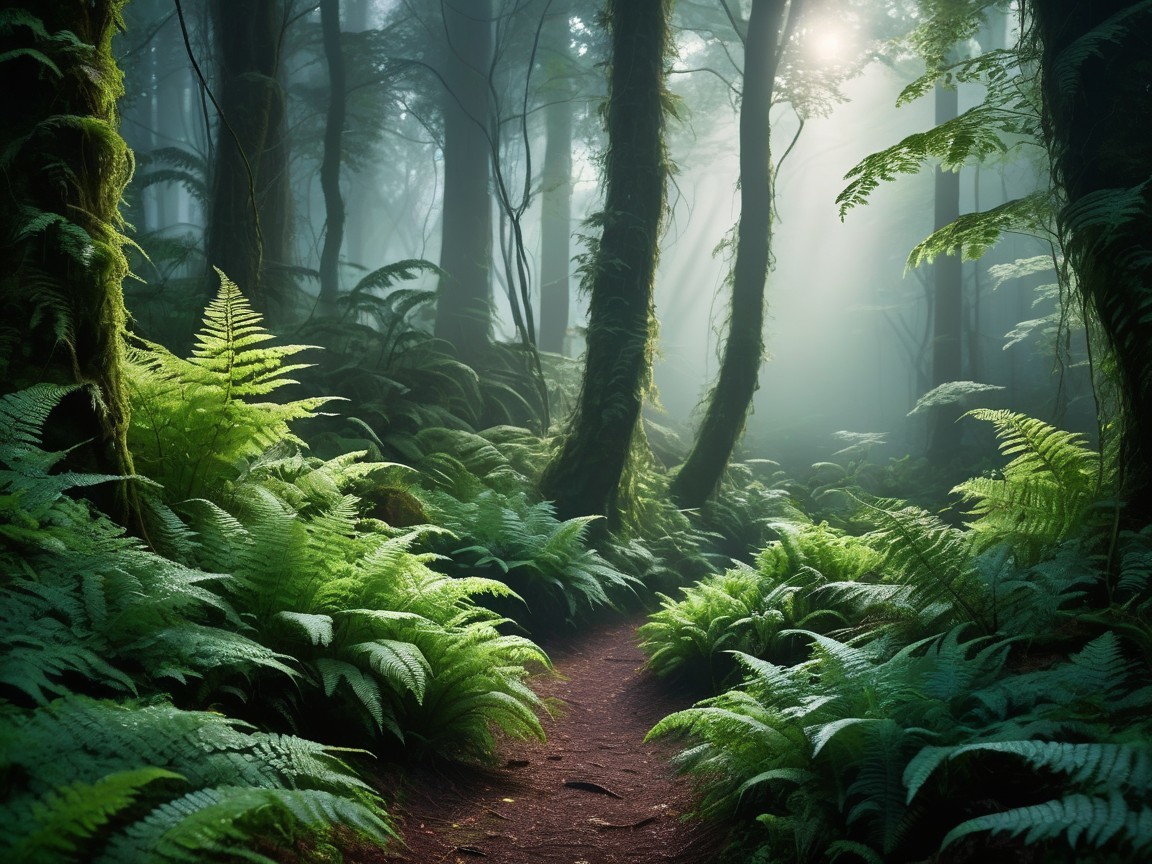 Serene forest scene with lush ferns and misty light
