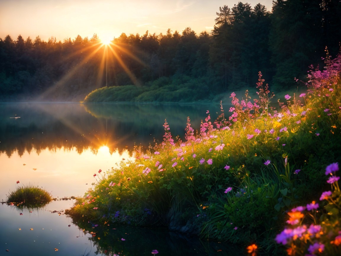 Lakeside Sunrise with Vibrant Wildflowers and Tranquility