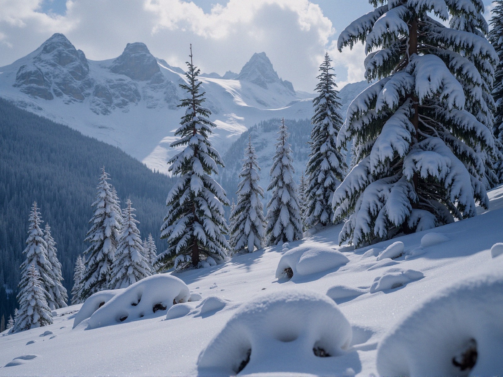 Serene Winter Landscape with Snowy Evergreens and Mountains
