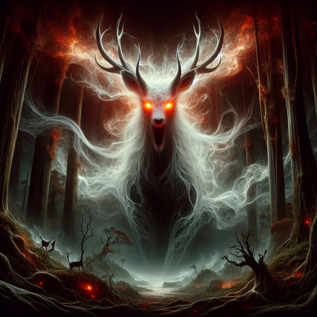 Mystical forest with glowing stag figure in darkness