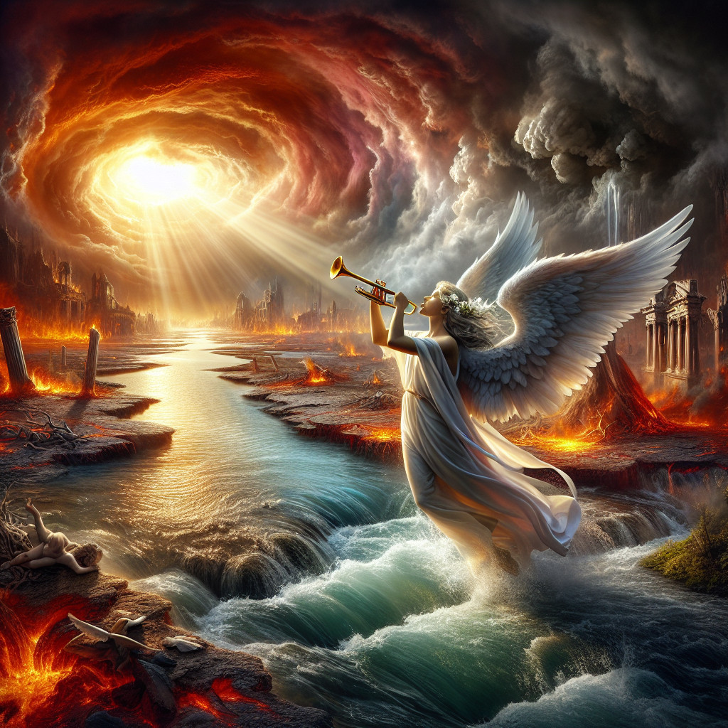 Ethereal angel with trumpet in fiery landscape