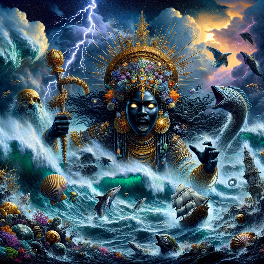 Majestic deity emerging from stormy seas and waves