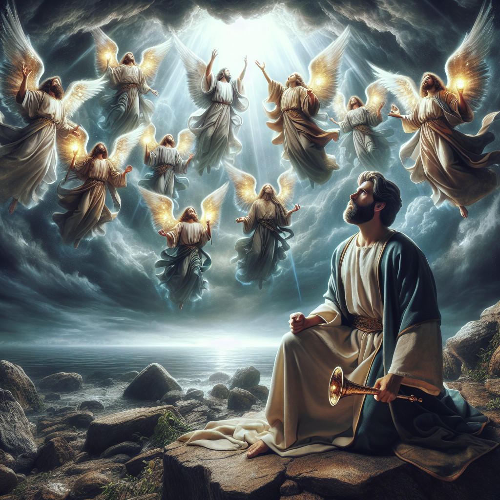 Mythical Figure with Angels on Rocky Shore Scene