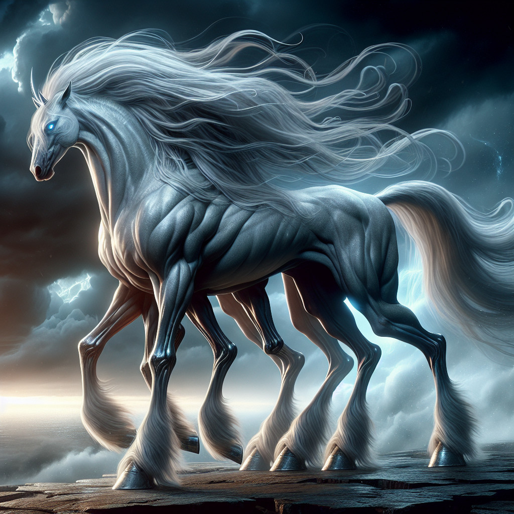 Majestic White Horse on Rocky Surface Under Stormy Sky