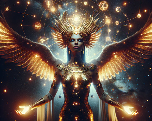 Majestic figure in golden attire with cosmic symbols