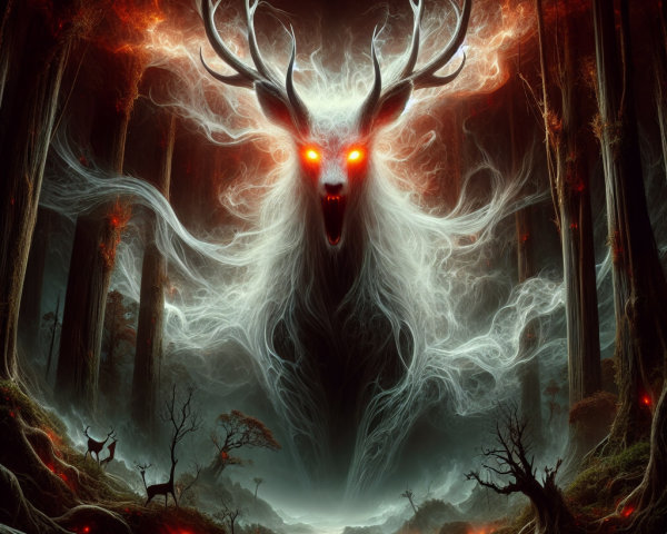 Mystical forest with glowing stag figure in darkness