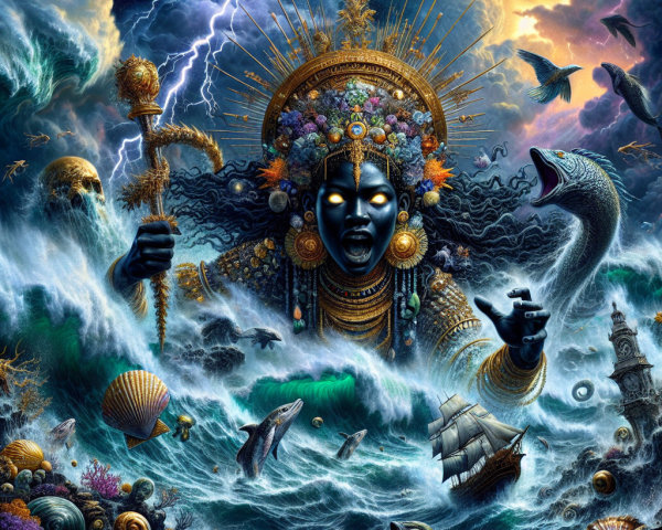 Majestic deity emerging from stormy seas and waves