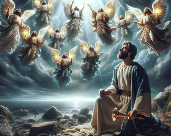 Mythical Figure with Angels on Rocky Shore Scene