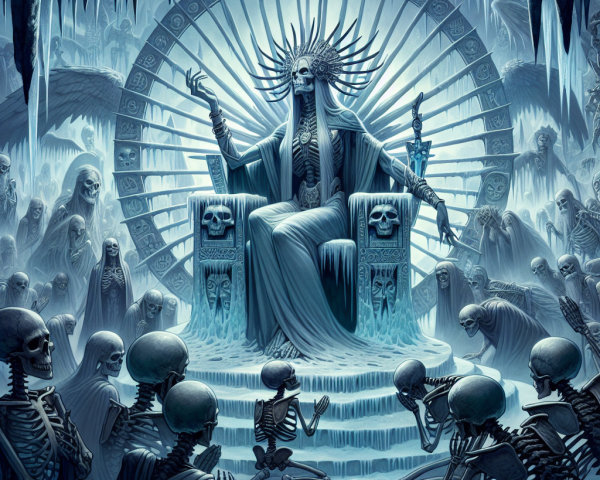 Skeletal Figure on Icy Throne in Haunting Setting