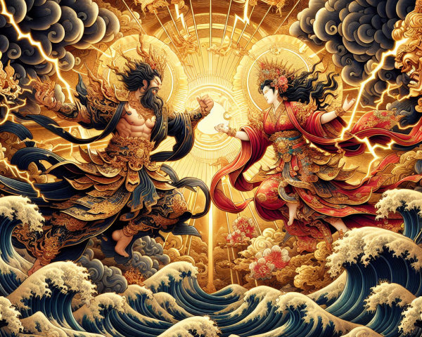 Divine Figures in Cosmic Balance with Clouds and Waves
