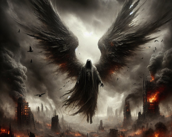 Dark Ethereal Figure Over Devastated Landscape