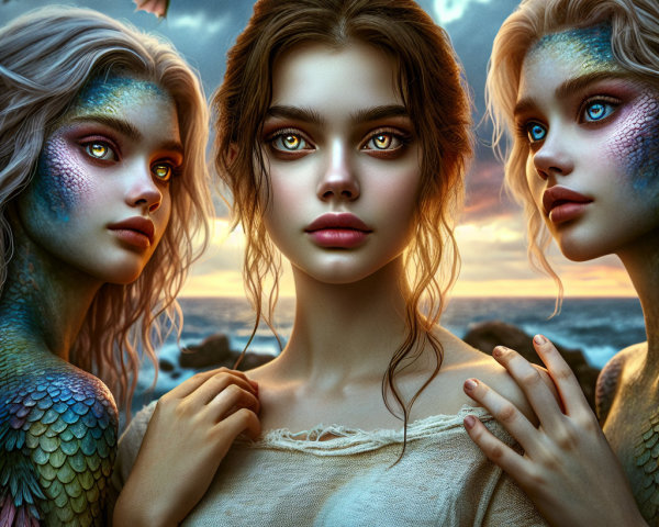Enchanting Merfolk at Sunset by the Seaside
