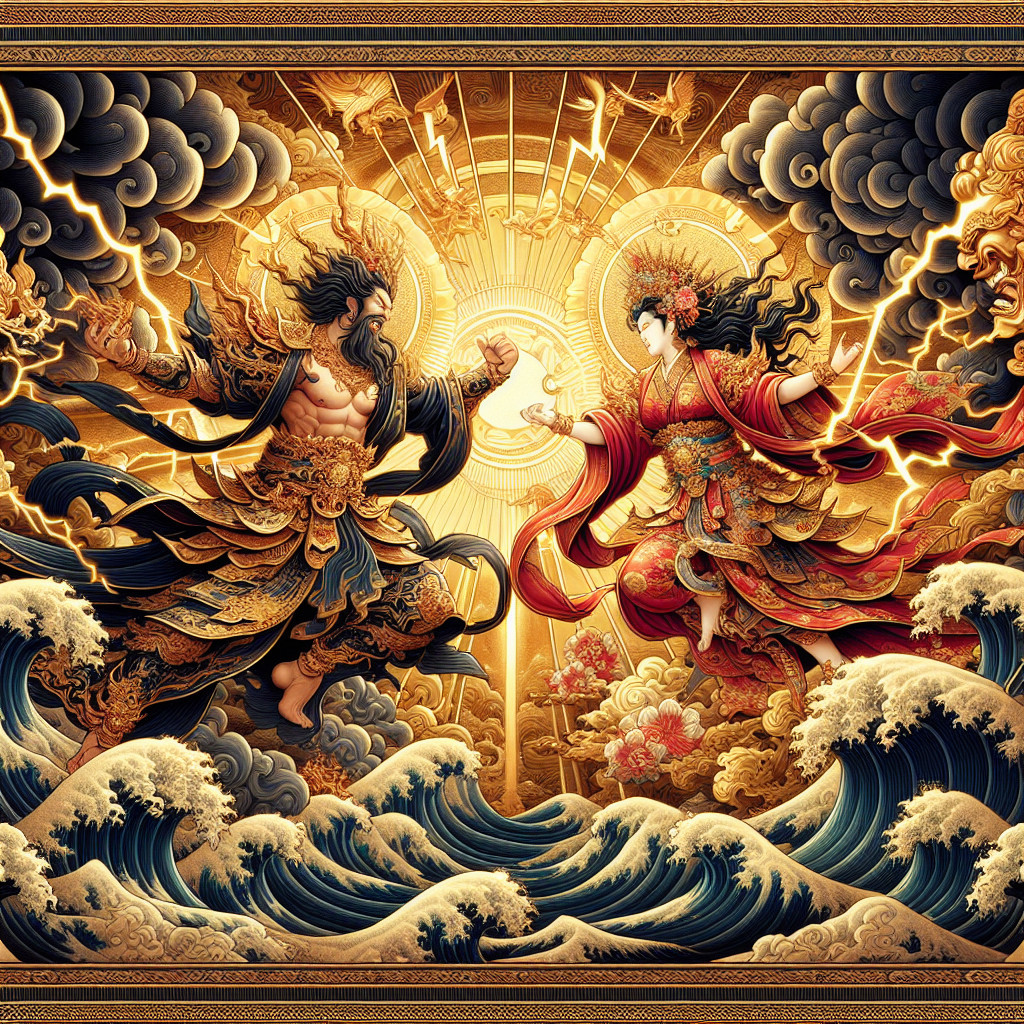 Divine Figures in Cosmic Balance with Clouds and Waves