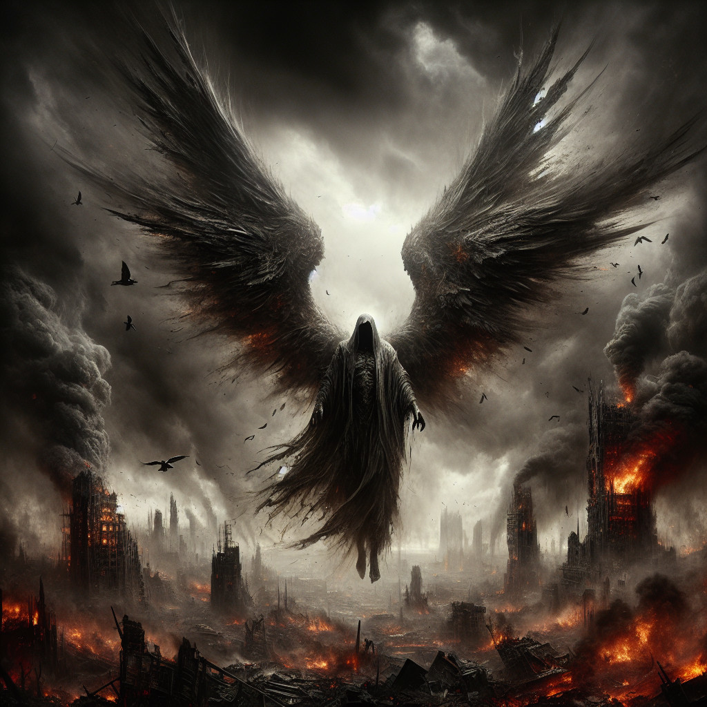 Dark Ethereal Figure Over Devastated Landscape