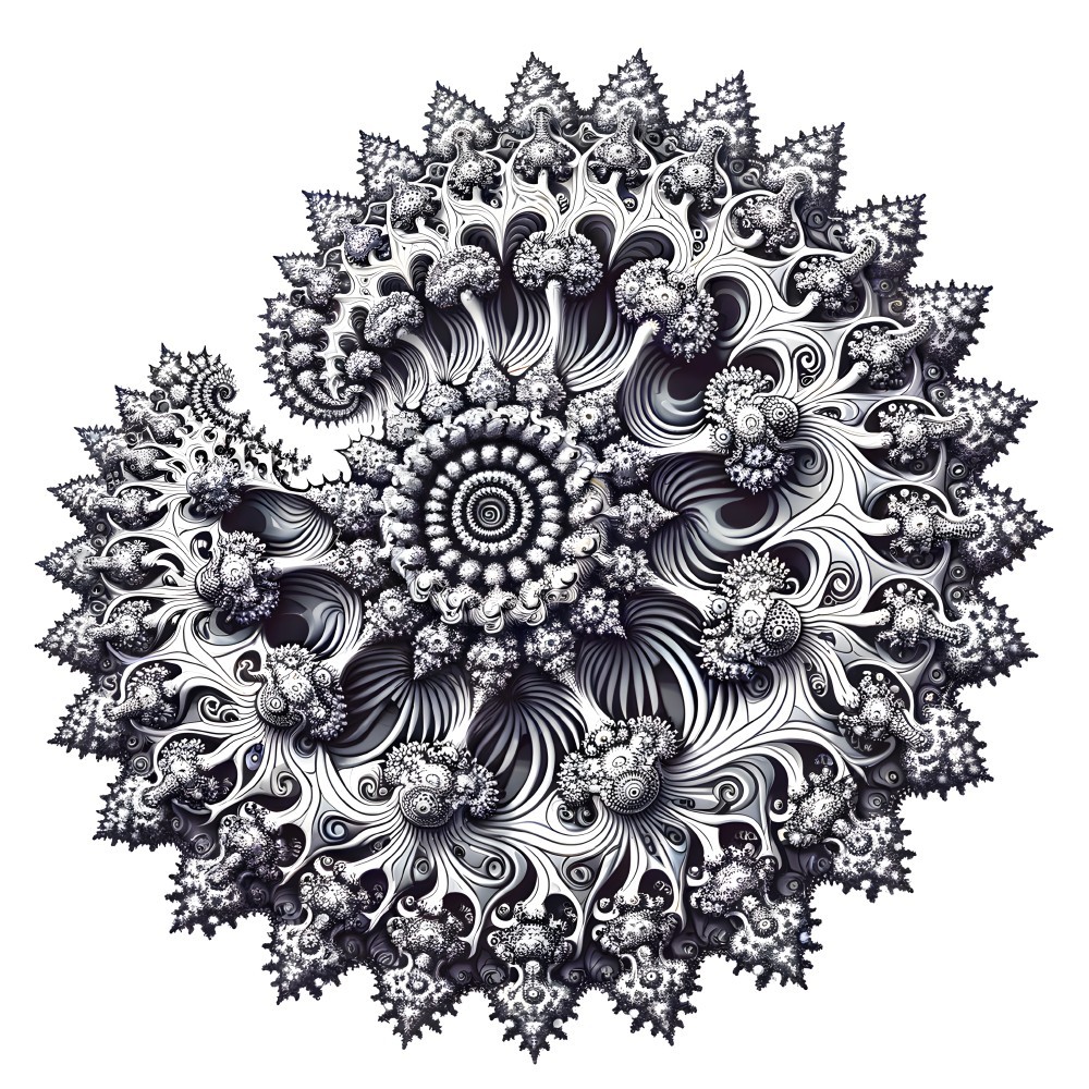 Intricate Black and White Fractal Design with Spirals