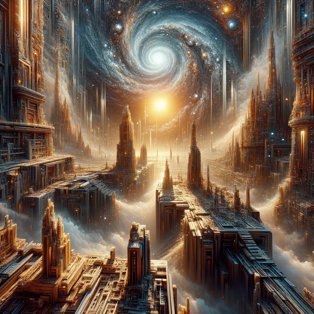 Futuristic cityscape with cosmic backdrop and galaxies