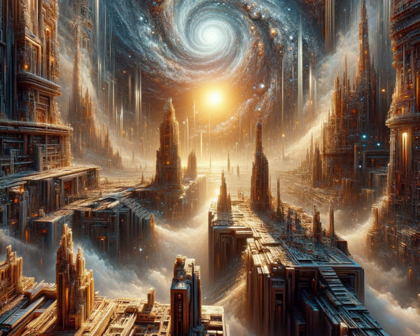 Futuristic cityscape with cosmic backdrop and galaxies