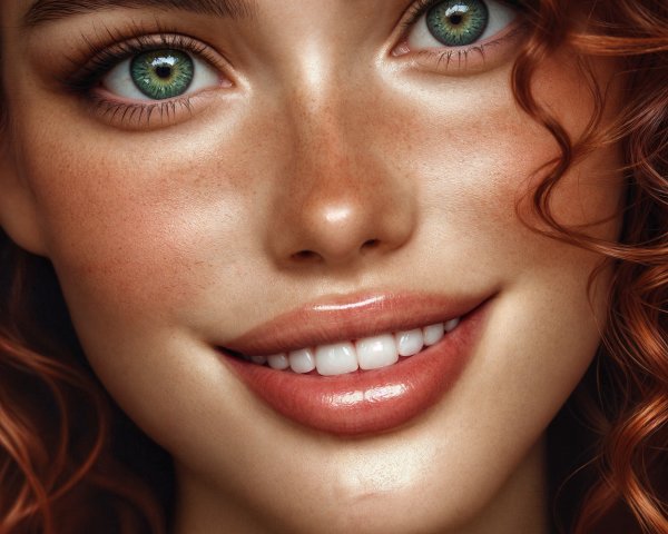 Young woman with red curly hair and green eyes